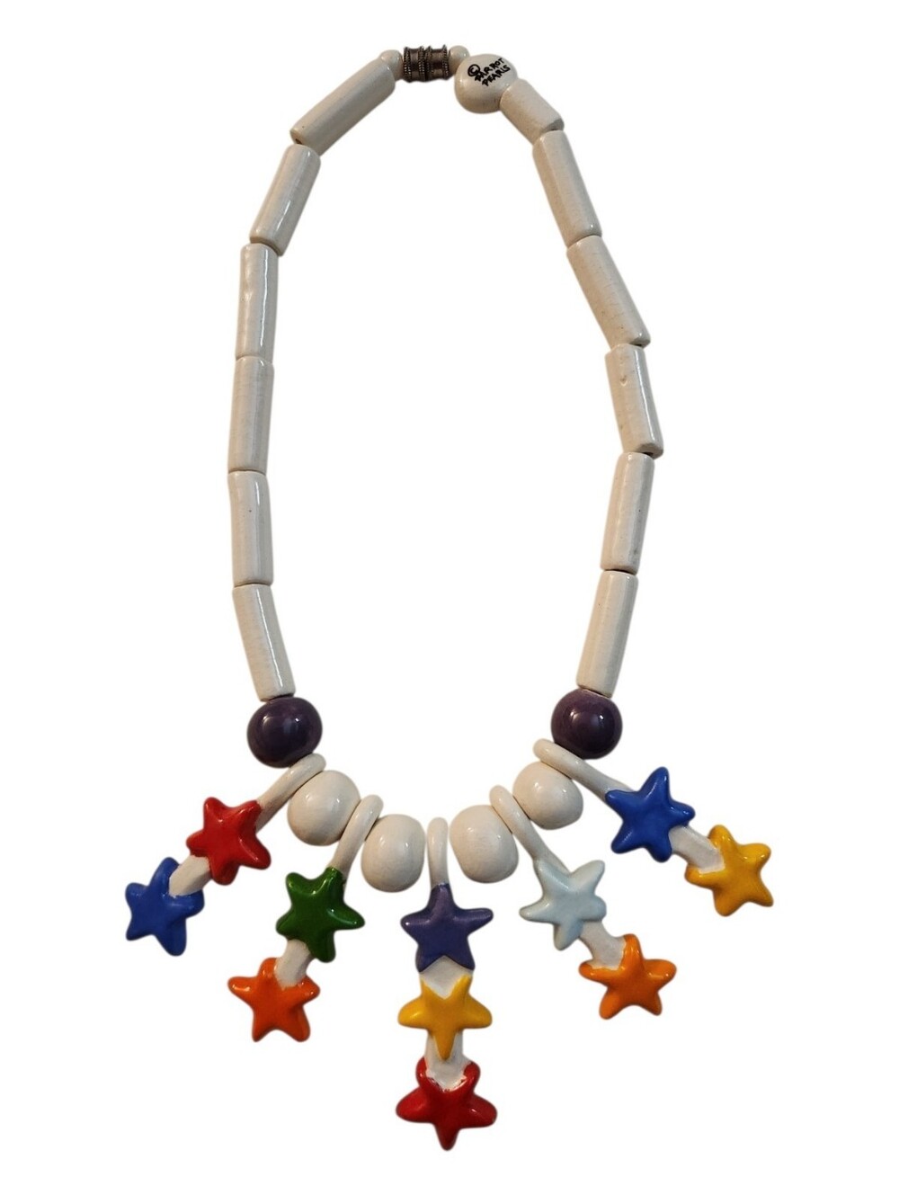 Parrot Pearls Vintage 70s Ceramic Beaded Star Pendant Off White Necklace